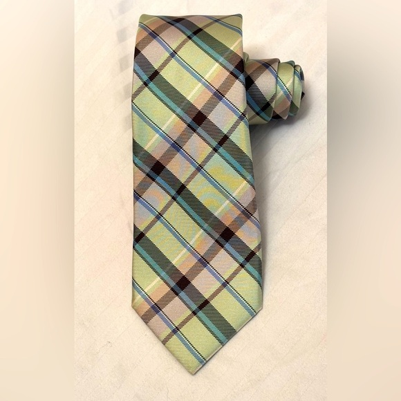 Express Brand Necktie Tie Repp Silk Pastel Plaid Green Blue Pink Mens - Picture 1 of 13